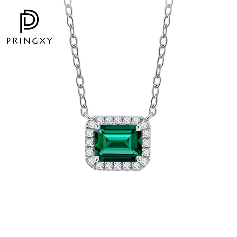

PRINGXY Woman Emerald Gemstone Pendant Diamond Chain Necklaces 925 Sterling Silver Wedding Party Bridal Fine Jewelry