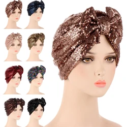2024 New Women Glitter Sequins Turban Cap Muslim Fashion Headwear African Headwraps Ladies Headscarf Bonnet Islamic Hijab Caps