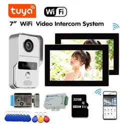 Tuya Smart 7 Inch 2 Monitor WiFi 1080P Video Doorbell Outdoor Door Bell Camera System Intercom Inductive Card Unlock With Lock