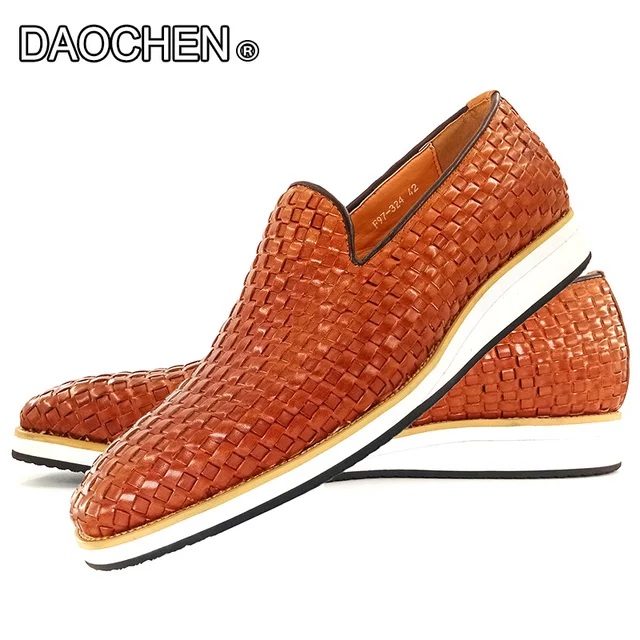 Luxury men s casual leather shoes slip on loafers weave prints black brown mens dress shoes