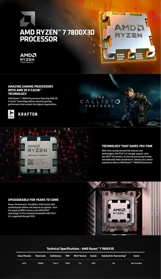 Ryzen 7 7800X3D CPU R7 7800X 3D Processor for A620 B650 B650E