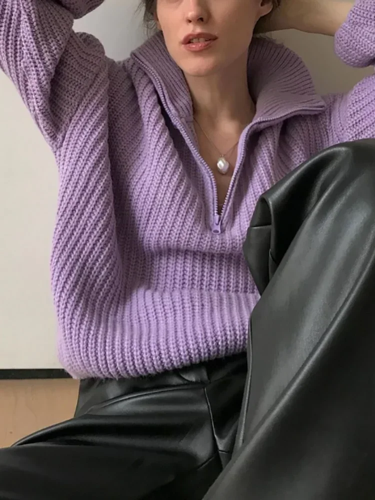 

2023 Autumn Winter Thickening Knitted Sweater Women Casual Zipper Polo Collar Loose Knitted Pullovers Female Solid Color Jumper