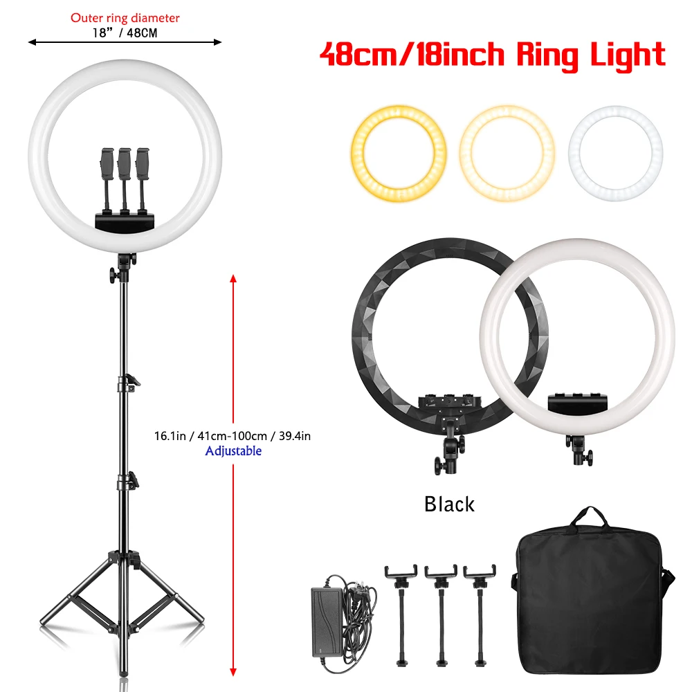 Dimmable LED Beads Ring Light com tripé,