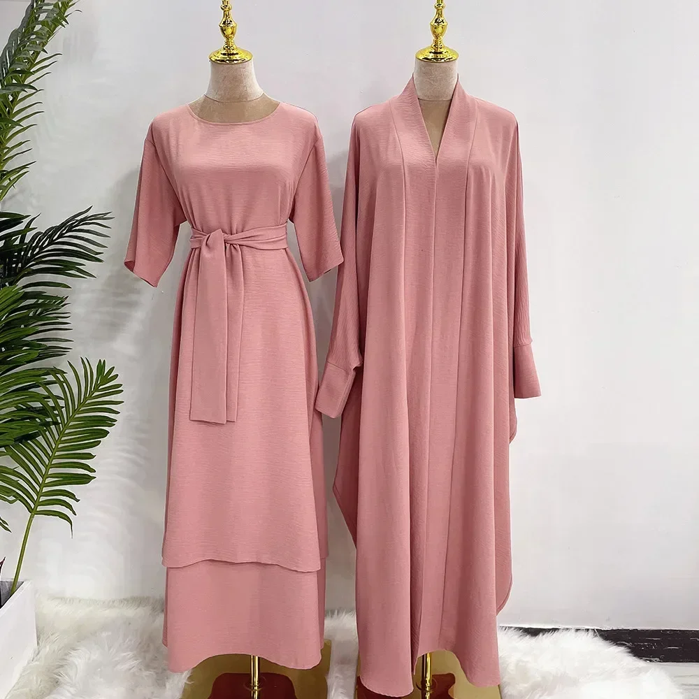 Two Piece Abaya Kimono Set Matching Muslim Abayas for Women Dubai Turkey Short Sleeve Inner Hijab Dress African Islamic Clothing
