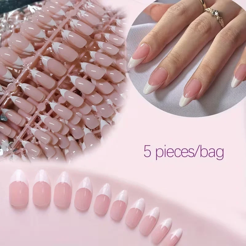 120PCS Press White French Edge Almond False Nails Reusable Acrylic False Nails Whitening Nail Art, Daily Wear Diy