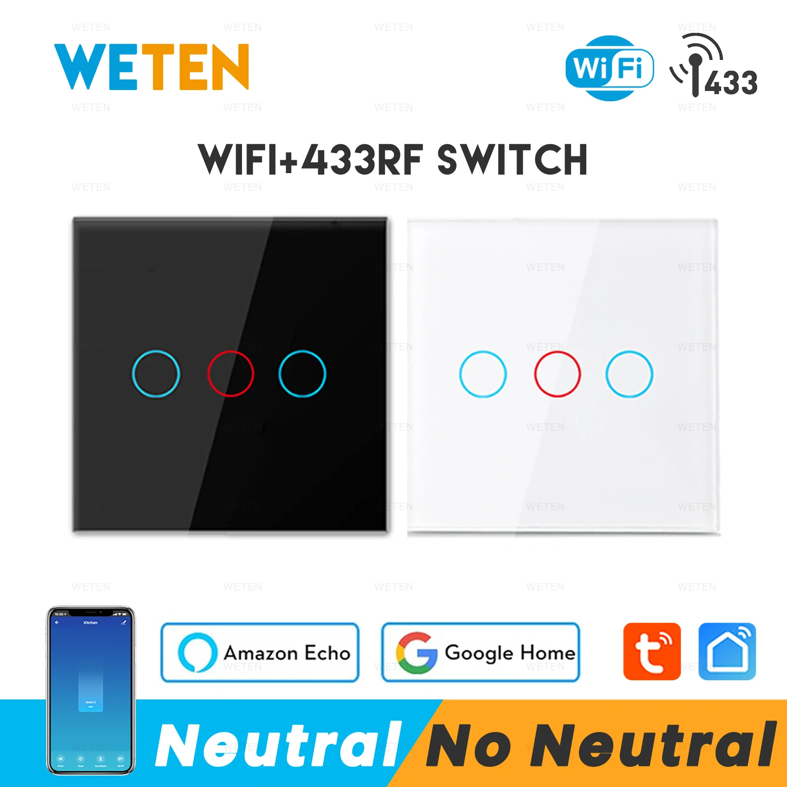 Smart Wifi Wall Light Switch No Neutral Wire 1 2 3 Gang, Tuya Smart