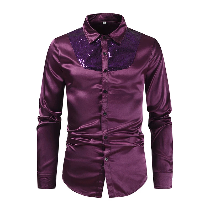 Chemise à Paillettes Homme En Satin Brillant – Coupe Slim, Manches Longues, Pour Soirée Disco, Fête, Noël