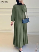 2025 ZANZEA automne robes élégantes femmes col rond à manches longues Robe d'été musulmane dubaï Abaya Robe Femme solide plissé Maxi robes 2