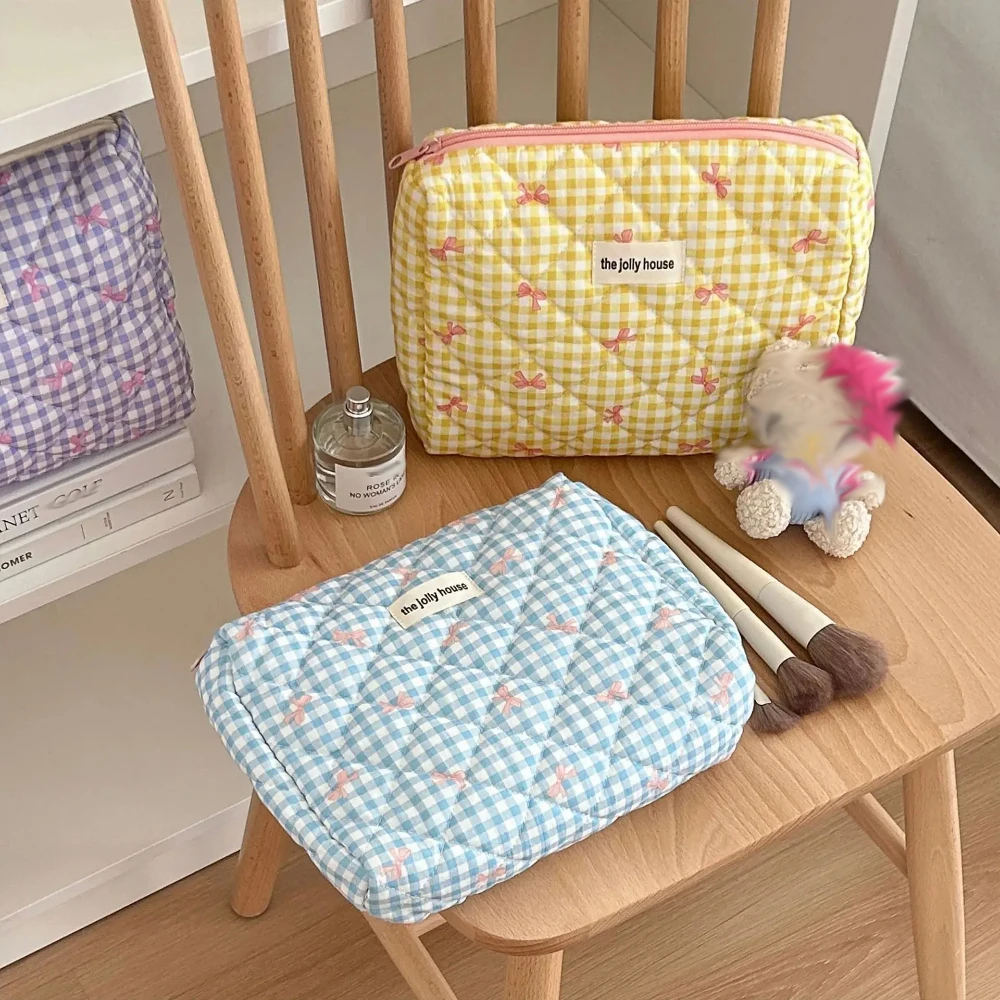 Cute Bow Cotton Makeup Bag Women Zipper Cosmetic Organizer Female Cloth Box Shape Portable Toiletry Case for Girls 4