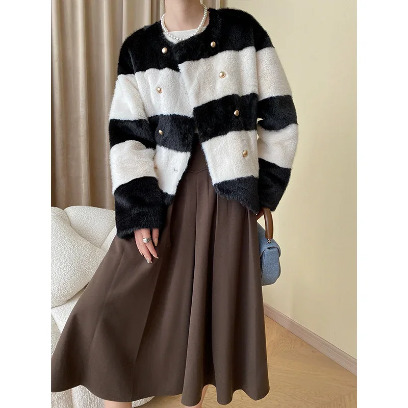 Women Fake Fur Thick Autumn Winter Black White Contrast Small Fragrance Casual Luxury Simple Loose Fashion Warm French Fur Coat