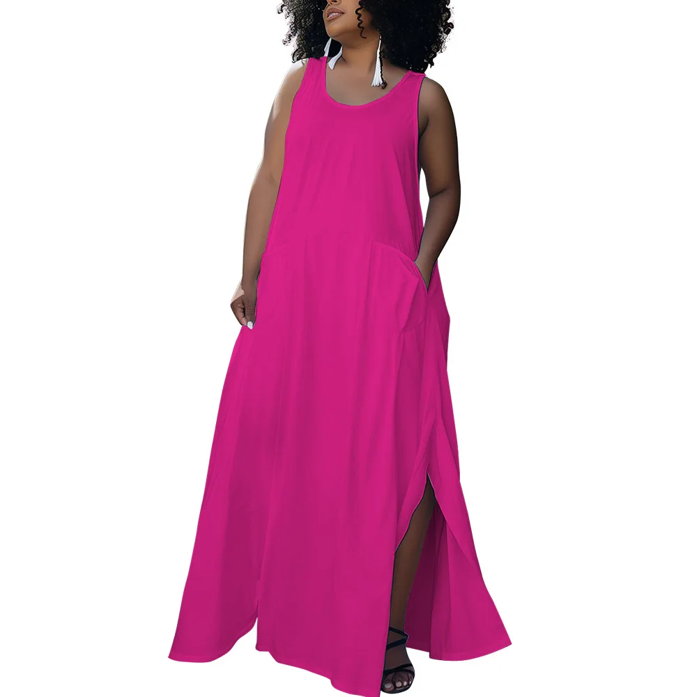 

Женское длинное платье без рукавов, повседневное однотонное платье большого размера с круглым вырезом и карманами, лето 2024