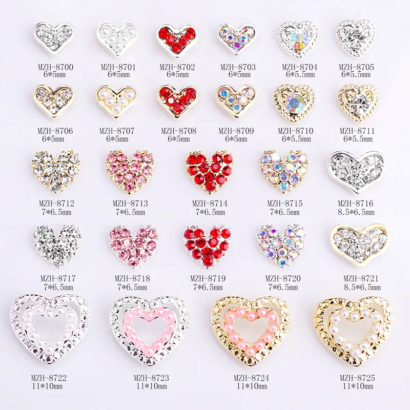 

10PCS/Bag Crystal Pearl Nail Parts Different Size Heart Design Alloy Charm Jewelry Gems Manicure Rhinestone Nail Art Accessories