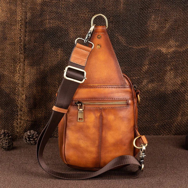 Fashion original leather men's chest bag vintage cowhide crossbody bag multifunction messenger bag large capacity sling bag