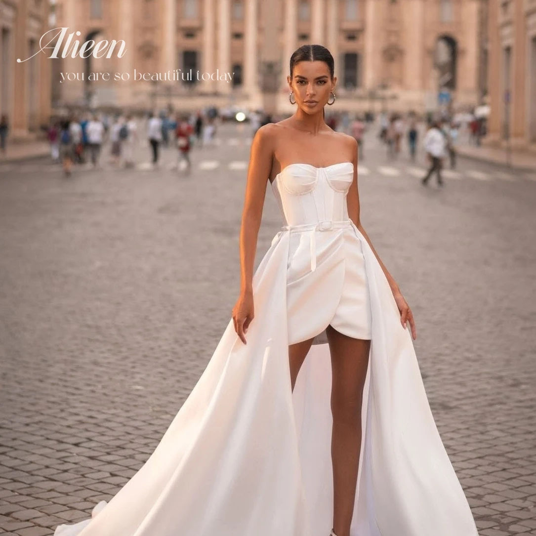 

Aileen Above Knee Sheath Wedding Dresses For Women Elegant Strapless Detachable Train Vestido De Novia Backless Bride Gowns
