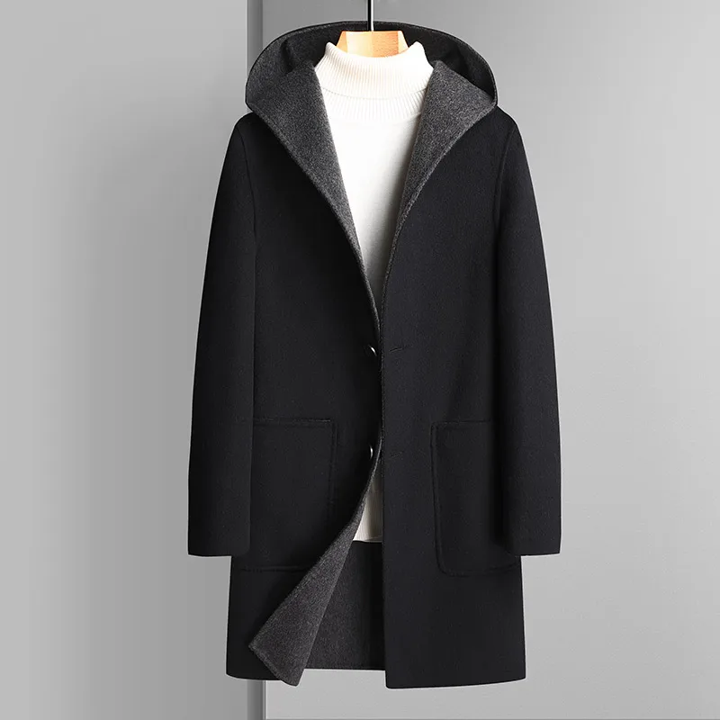 Business Casual Men's Solid Color Hooded Woolen Coats 2024 Autumn Winter 60% Wool Overcoat Outwear Mid-Length Windbreaker Jacket