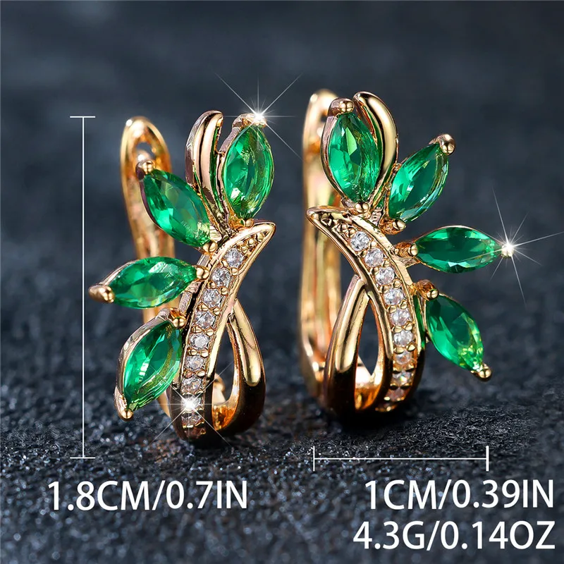 Luxury Female Purple Green Blue Leaf Flower Clip Earrings Vintage Gold Color Wedding Jewelry For Women
