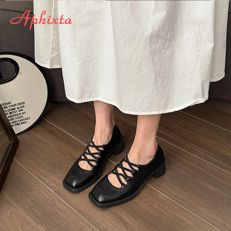 Aphixta Elegant Woman Shoes Red Cross Starp Leather Pumps Female Shallow Mary Janes  Square Toe Shoes Drop Shipping Plus Size 43