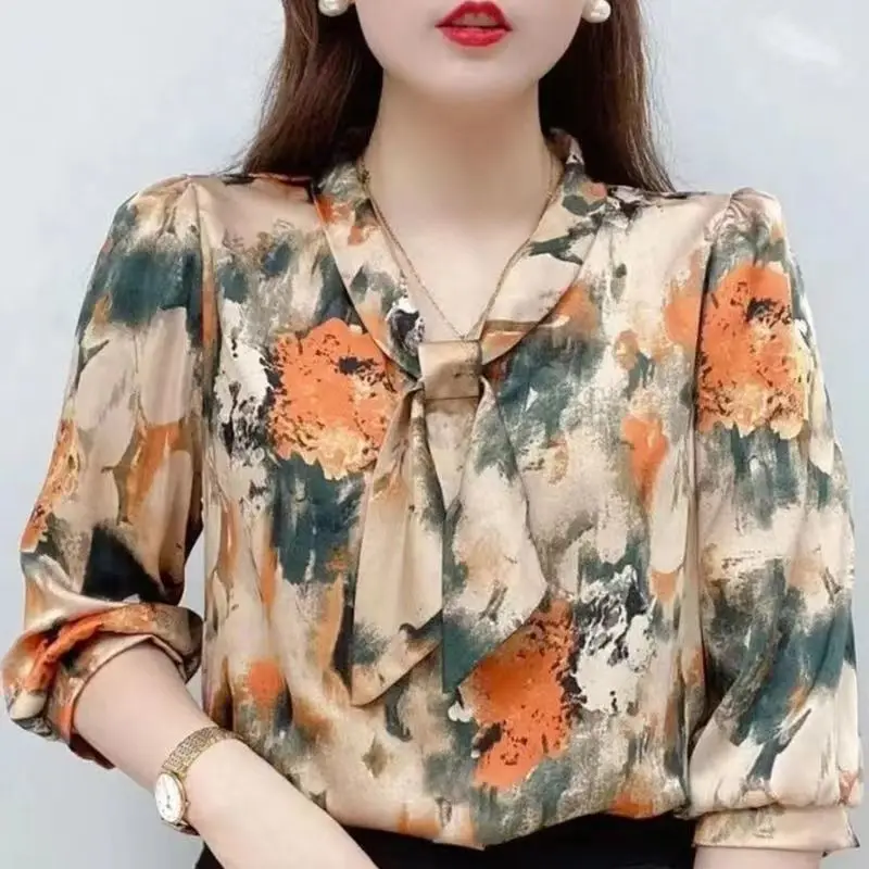 Best Sellers Thin French Retro Puff Sleeve Floral Printing Women's Clothing Chiffon Scarf Collar Pullover Bowknot Blouse Lace Up