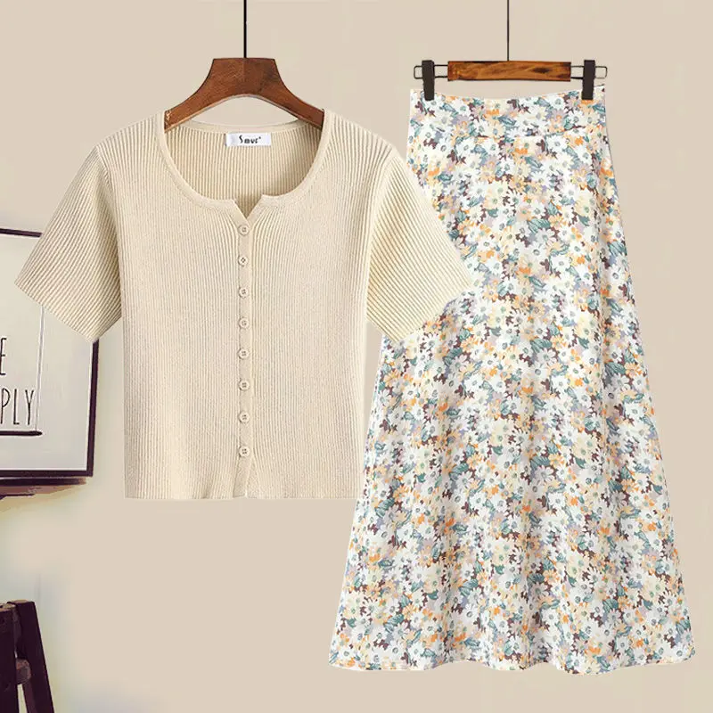 

Женский летний комплект из 2 предметов, Элегантная футболка с коротким рукавом и длинная юбка с цветочным принтом, комплект из двух предметов, Q23