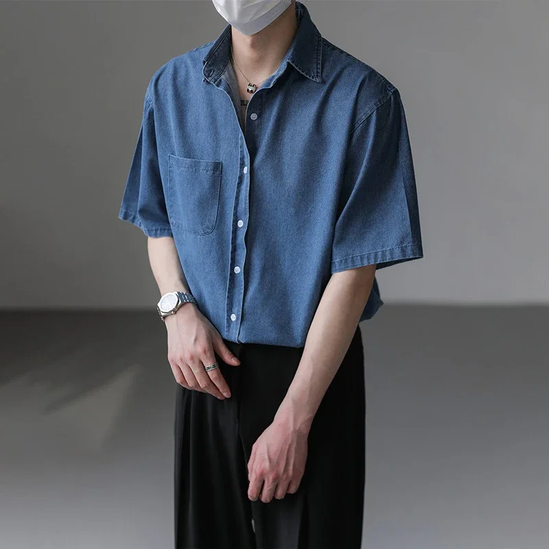 

Рубашка мужская джинсовая свободного покроя, модная Стильная блуза с рукавом до локтя, кардиган, повседневная Уличная одежда, однотонная, лето 2024