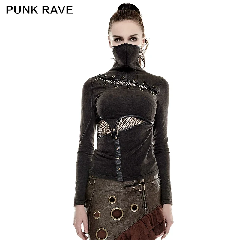 

PUNK RAVE Steampunk High Collar Mask Woman T-shirts Stretch Knit Stitching Elastic Mesh Fabric Black Tops Punk Rock Tees Gothic