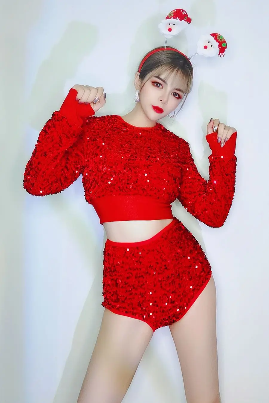 

Red Sequins Gogo Dance Clothing Tops Shorts Nightclubt Bar Pole Dance Costume Women Kpop Jazz Dancewear Rave Outfit