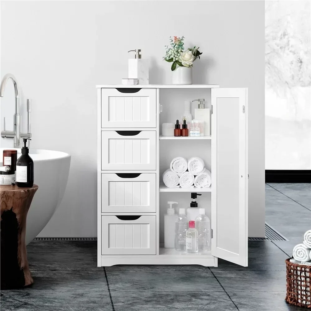 

Wooden Bathroom Storage Cabinet with 4 Drawers & Cupboard, White