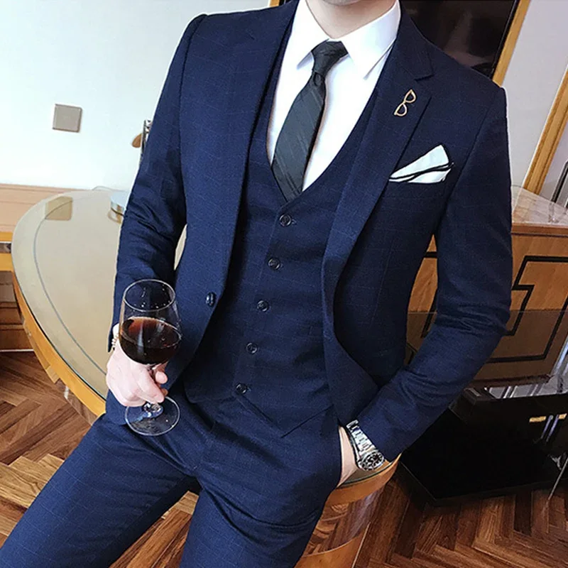 Blue Men Classic Striped/Checked Suit, Business Office 3 Piece Sets, Asian Size Slim Fit Men's Dress Suits, Black/Gray Available