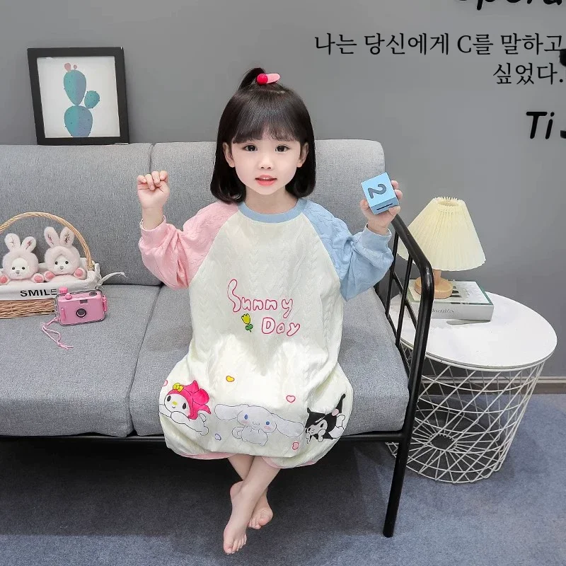 봄과 가을 소녀 원피스 잠옷 순수한면 긴소매 잠옷 소녀 차가운 어린이 가을과 겨울 여자 홈웨어 잡기 방지