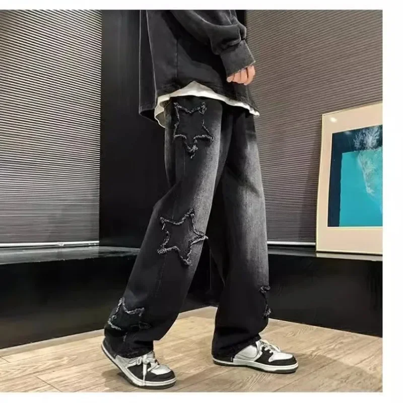 2025 New Fashion Stars Towel Embroidery Brown Men Jeans Pants Y2K Clothes Straight Hip Hop Cotton Trousers Pantalon Homme view 3