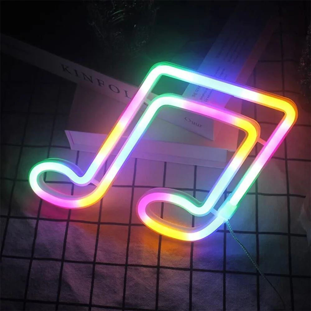 LED Neon Sign Lights Party Wall Art Decor Room Bar Beer USB/Battery Neon Lamps Wall Hanging Neon Signs Musical Note Night Lights 4