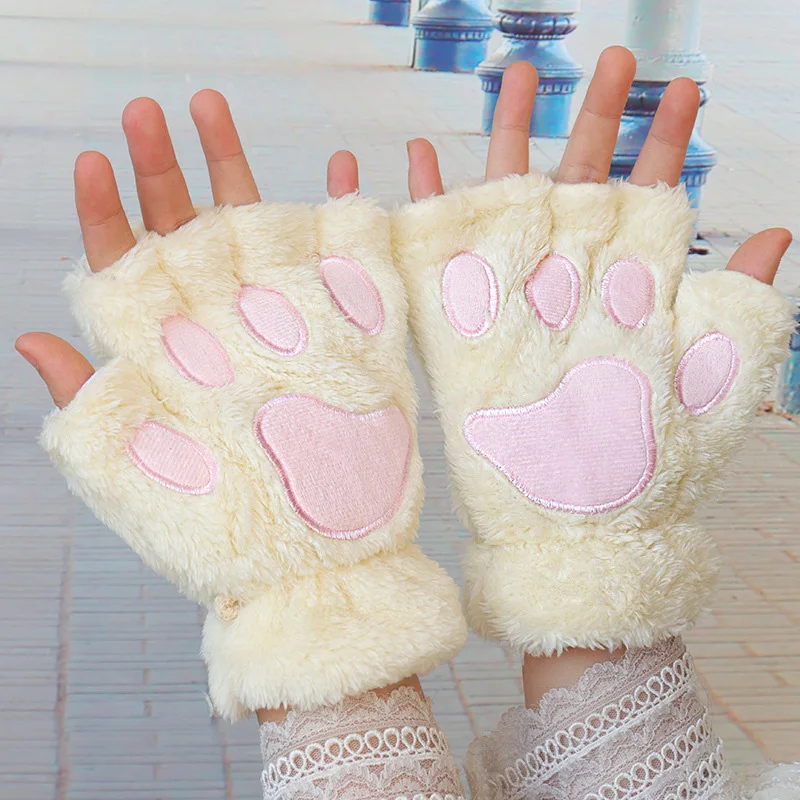 1Pair Girl Lovely Bear Plush Cat Paw Claw Gloves Winter Faux Fur Kitten Fingerless Mittens for Women Christmas Halloween Gloves