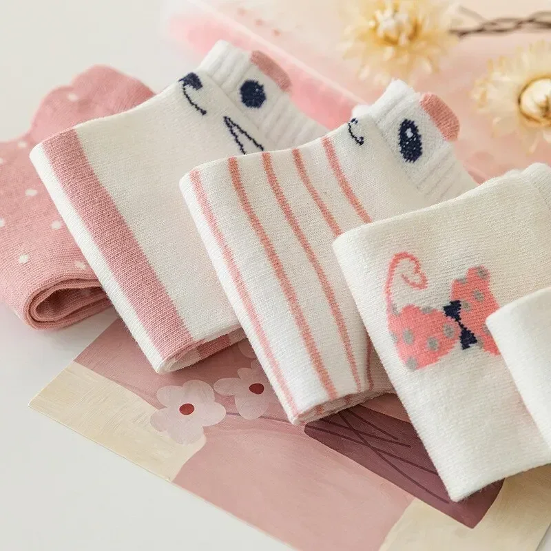 2024 New 5 Pairs Women's Short Tube Socks Pink Cat Thin Four Seasons Cute Boat Sockslow Top Ins Trendy Socks  Designer Socks