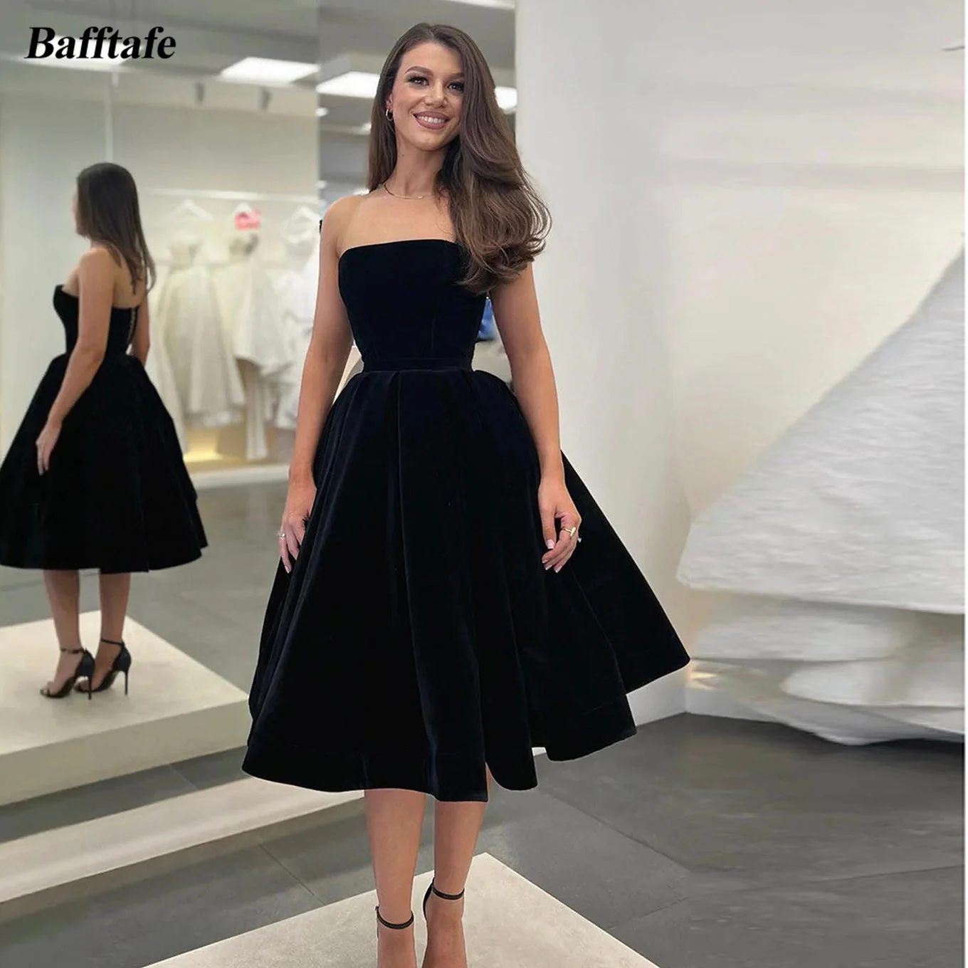 Sexy A line Strapless Velvet Black Holiday Dress Travel Vacation Dresses Short Birthday Dress