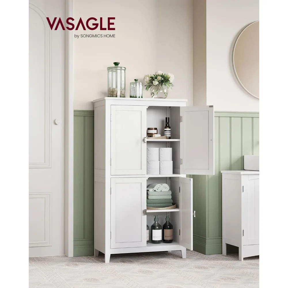 Bathroom Floor Storage Cabinet, Bathroom Storage Unit, Freestanding Cabinet with 4 Doors, Adjustable Shelves