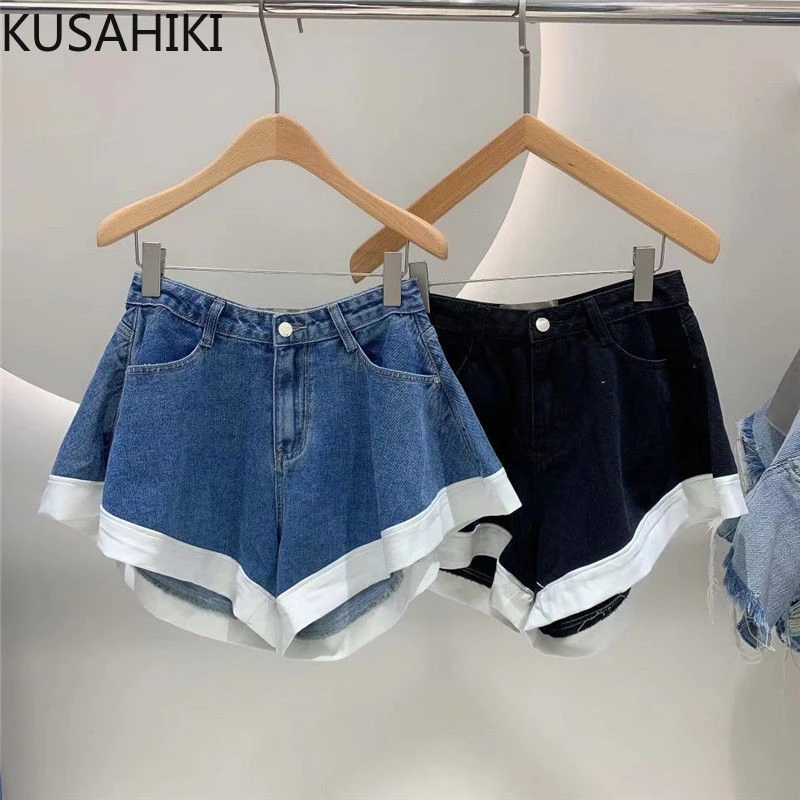 KUSAHIKI High Waist Demin Hit Color Patchwork Shorts Womens 2022 Spring Summer New Bottoms Causal Fashion Wide Leg Short Femme jorts