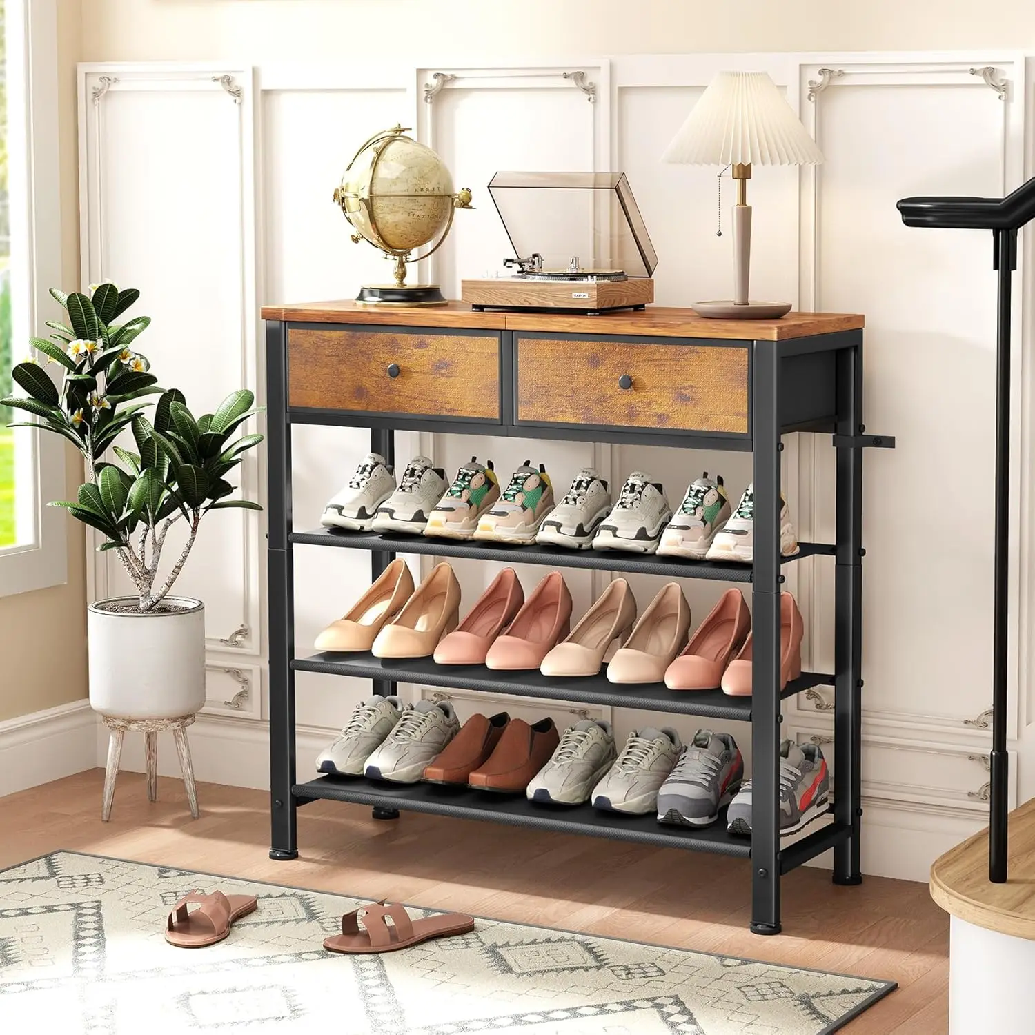 Shoe Rack, 4 Tier Shoe Organizer for 9-12 Pairs of Shoes, with 2 Drawers, 3 Fabric Shelves and Wooden Top 2