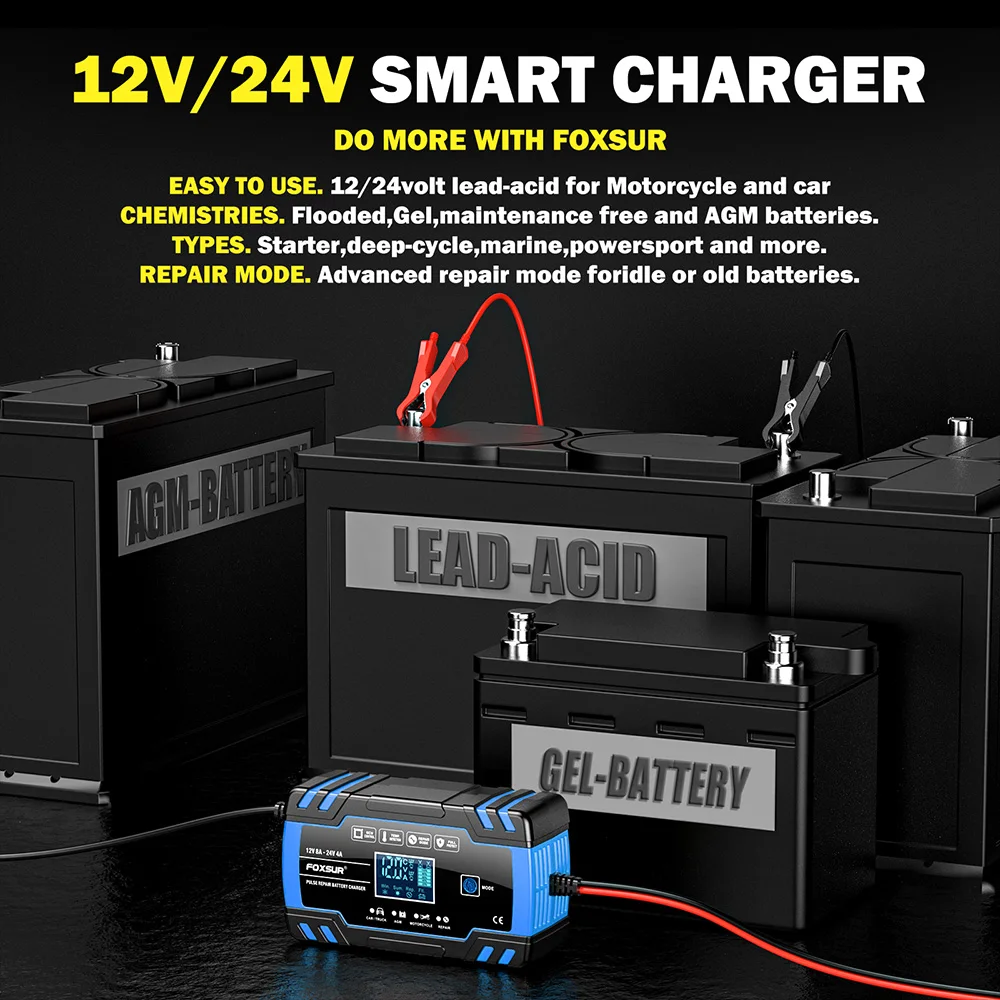 FOXSUR Autobatterieladegerät 12V 8A 24V 4A Touchscreen Pulsreparatur LCD Schnelles Aufladen Nass Trocken Bleisäure Digitales LCD-Display – Detail 11