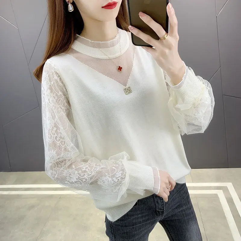 

Korean Mesh Spliced Long Sleeve Knitted Jumpers Female Solid Color Fashion Thin Round Neck Lace Sweaters Women's Clothing 2022
