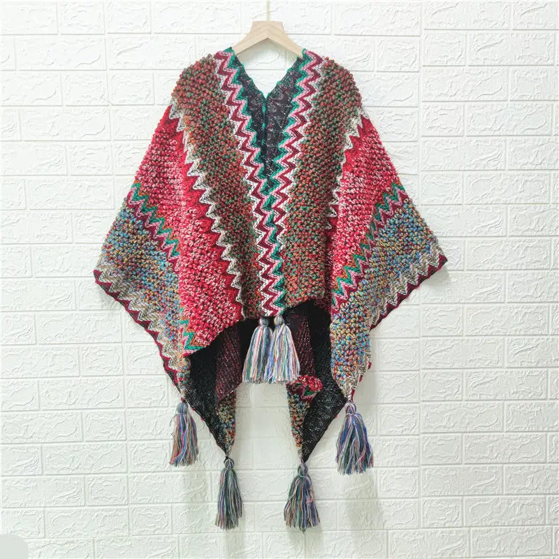 Poncho Knitted Cloak Knitted Cape Ethnic Style Capes Tassel Cardigan Sweater Color Loose Vintage Striped Women Travel Coat P1 autumn winter new style color contrast striped national style tassel pullover cloak poncho lady capes black cloaks