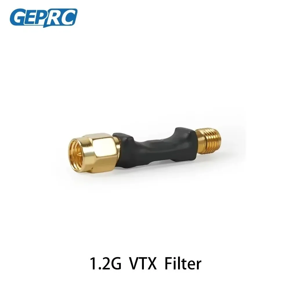 Gros plan sur le filtre VTX 1.2G SMA GEPRC avec son boîtier métallique et connecteurs.