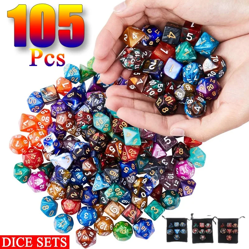 New Pearlescent Polyhedral Dice Set 105/70/49/35/21/7Pcs Multicolor D&D Role-Playing Board Games with Storage Pouches
