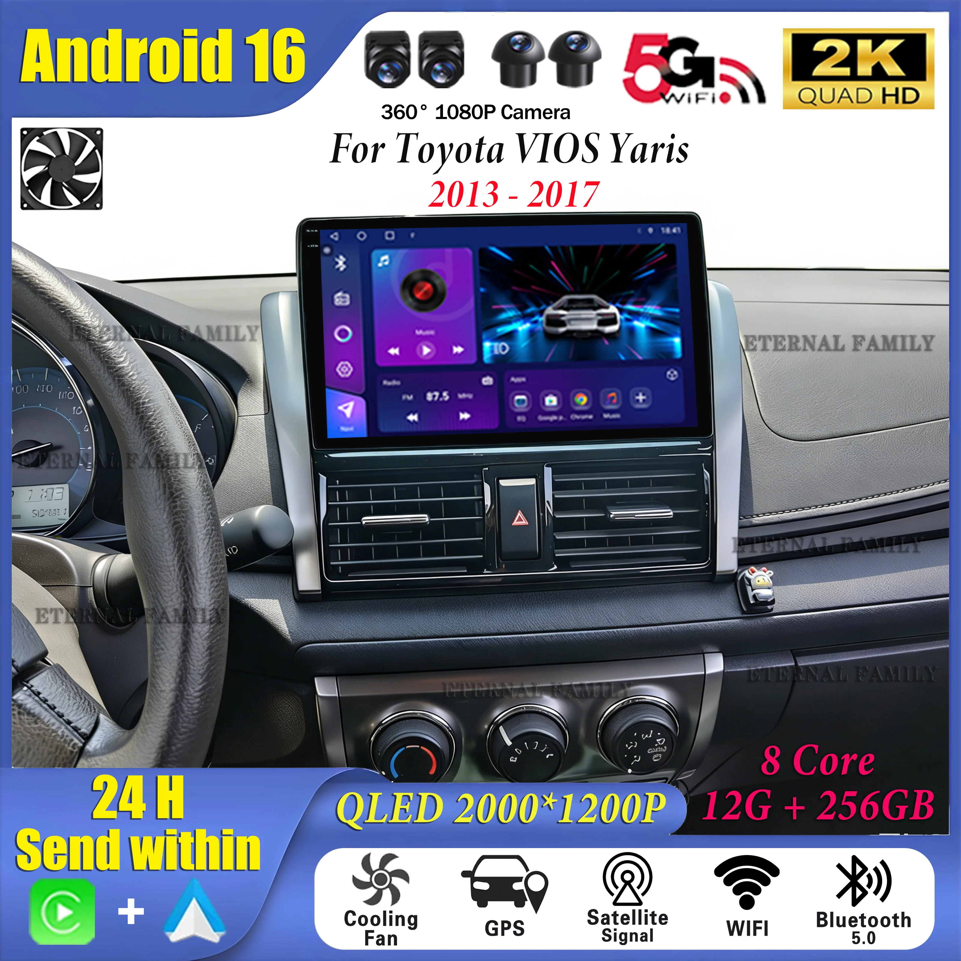 Radio Multimedia para Auto con Pantalla 2K y Android 16 Carplay para TOYOTA VIOS YARIS 2013-2016, Autoradio GPS Estéreo 1
