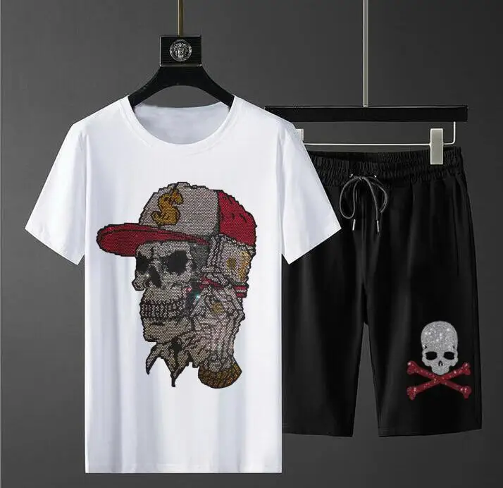 

S-4XL Streetwear Rhinestone Anime Heavy Industry Skulls Tracksuit Tshirt Men Fashion Short Sleeves Men's Suit
