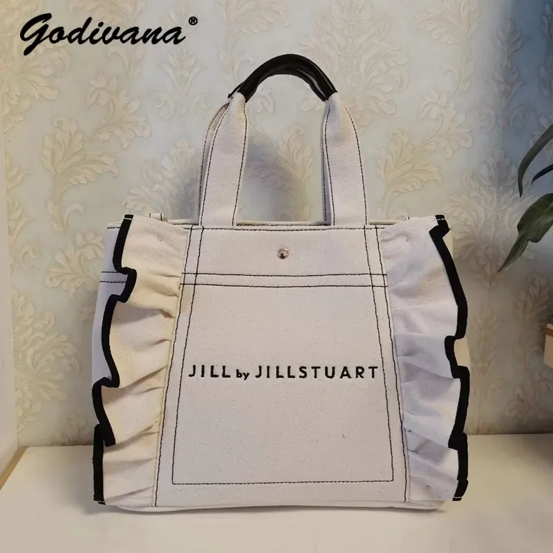 New Japanese Style Large Capacity Black Canvas Bag Embroidered Letters Artistic Horizontal Leisure One Shoulder Tote Women's Bag