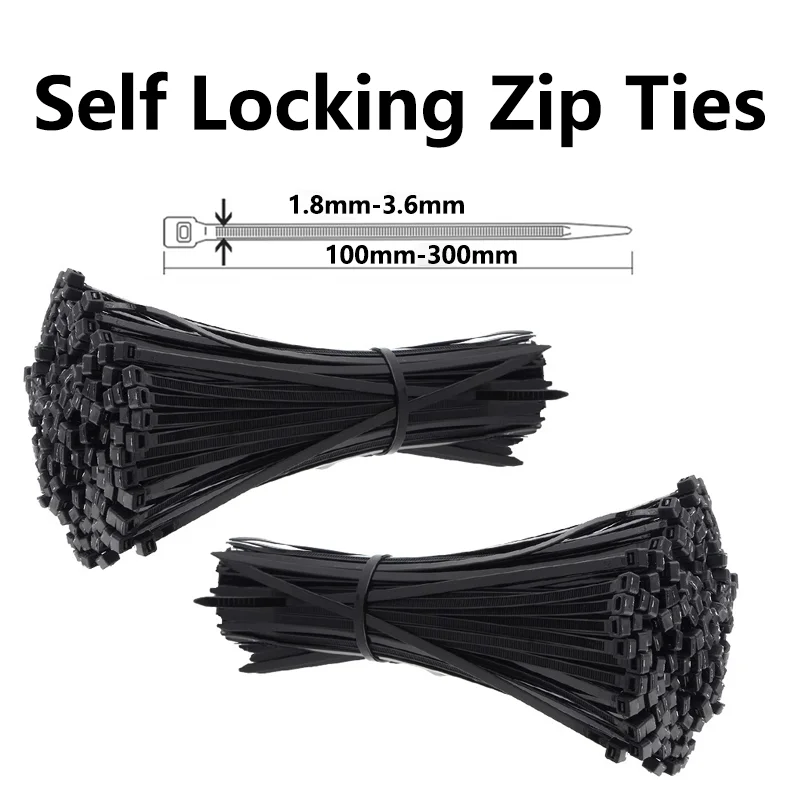 500/1000PCS 3*100 3*150 4*200 Black Self-locking Plastic Nylon Tie Cable Tie Fastening Ring Zip Wraps Strap Nylon Cable Set cable ties
