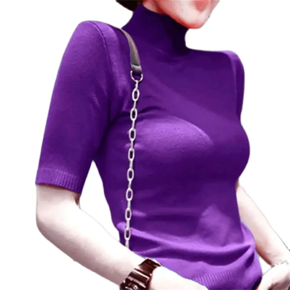 

Women's Half Sleeve Knitted Pullover Base Wool Sweater Jumper Tops Turtleneck Sweaters 2024