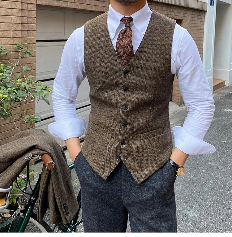 Herren-Anzugweste aus warmer Wolle mit Fischgrätenmuster für Herbst und Winter, vielseitige, trendige Business-Casual-Weste – Detail 8