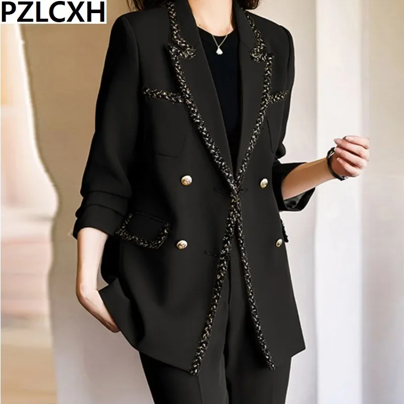 

Pzlcxh Contrast Color Women Suits Office Sets 2023 New Fashion Double Breasted Slim Blazers Vintage Chic Pencil Pants Suits OL