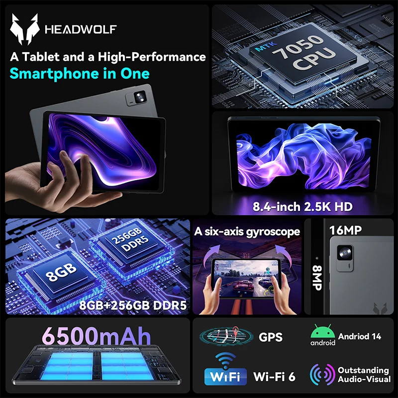 Headwolf FPad7 8 inch Tablet MTK Dimensity 7050 CPU 2560x1600 IPS Android 14 Tablet/16GBRAM 256GB ROM/6500mAh/ 4G LTE Tablets 2